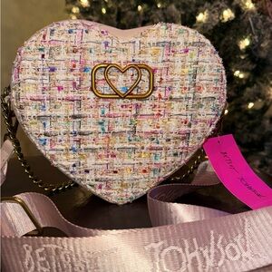 Y2K Betsey Johnson XOHEART Heart-Shape Multicolor Tweed Fabric Crossbody Bag NWT